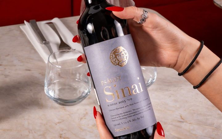 Une personne tient une bouteille de vin rouge Sinai devant des verres sur une table